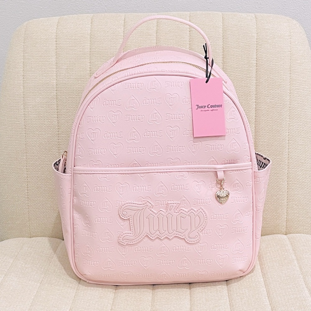 NEW Juicy Couture Pink Embossed Heart Backpack Rhinestone Charm Y2K Logo